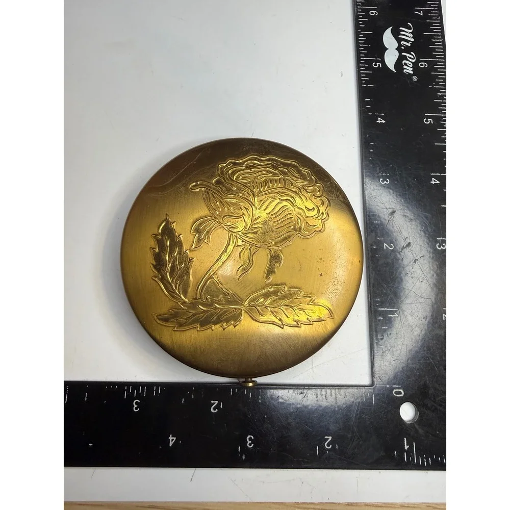 Gold Tone Brass Rose Etched Powder Compact with Mirror and Puff 3 Inch